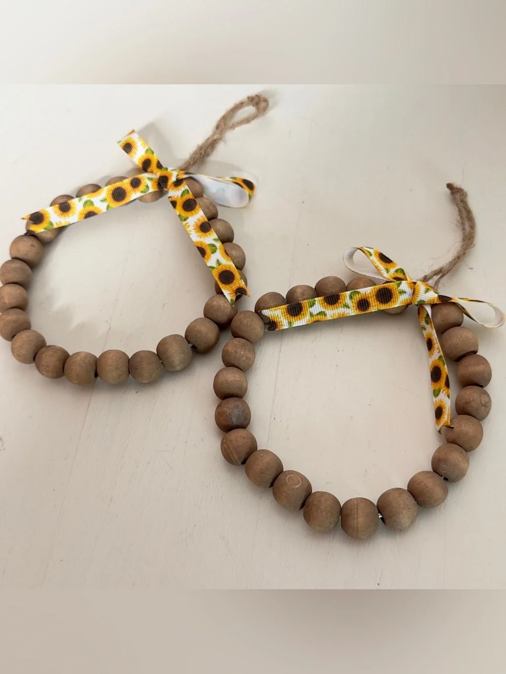2 Handmade Wood Beaded Wreath Ornament With Sunflower Print Bow